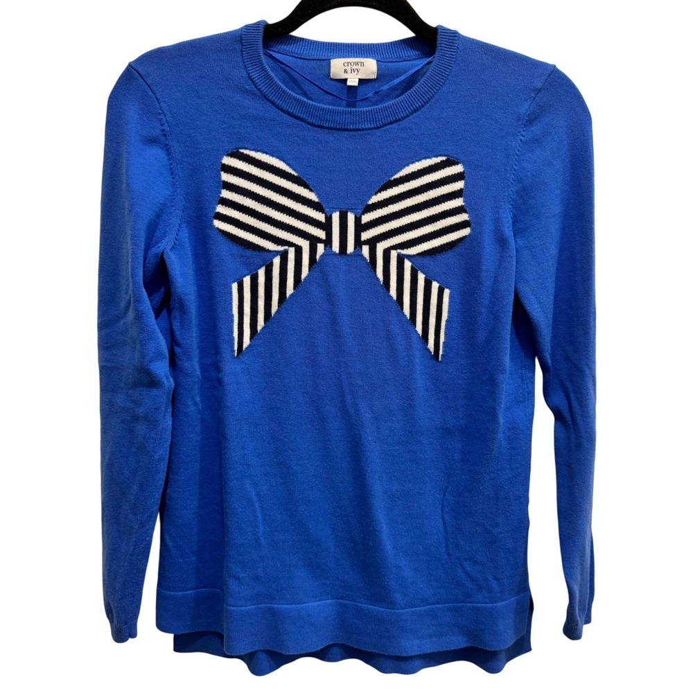 Crown & Ivy Preppy Blue Sweater with Striped Bow Detail -‎ Size XS - 100% Cotton